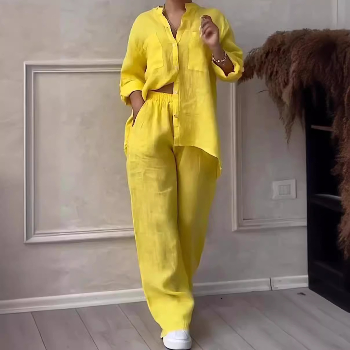 Women's Solid Color Single-Breasted Long-Sleeve Shirt and Wide-Leg Tie Pants Two-Piece Set