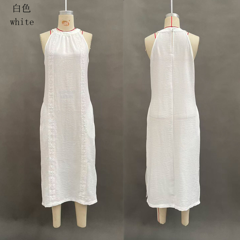 Women's Halter Neck Sleeveless Lace Panel Midi Dress