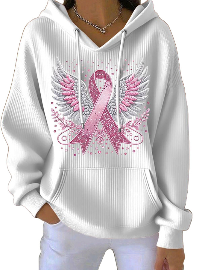 Women's Ribbed Knit Cartoon Print Hooded Long Sleeve Sweatshirt
