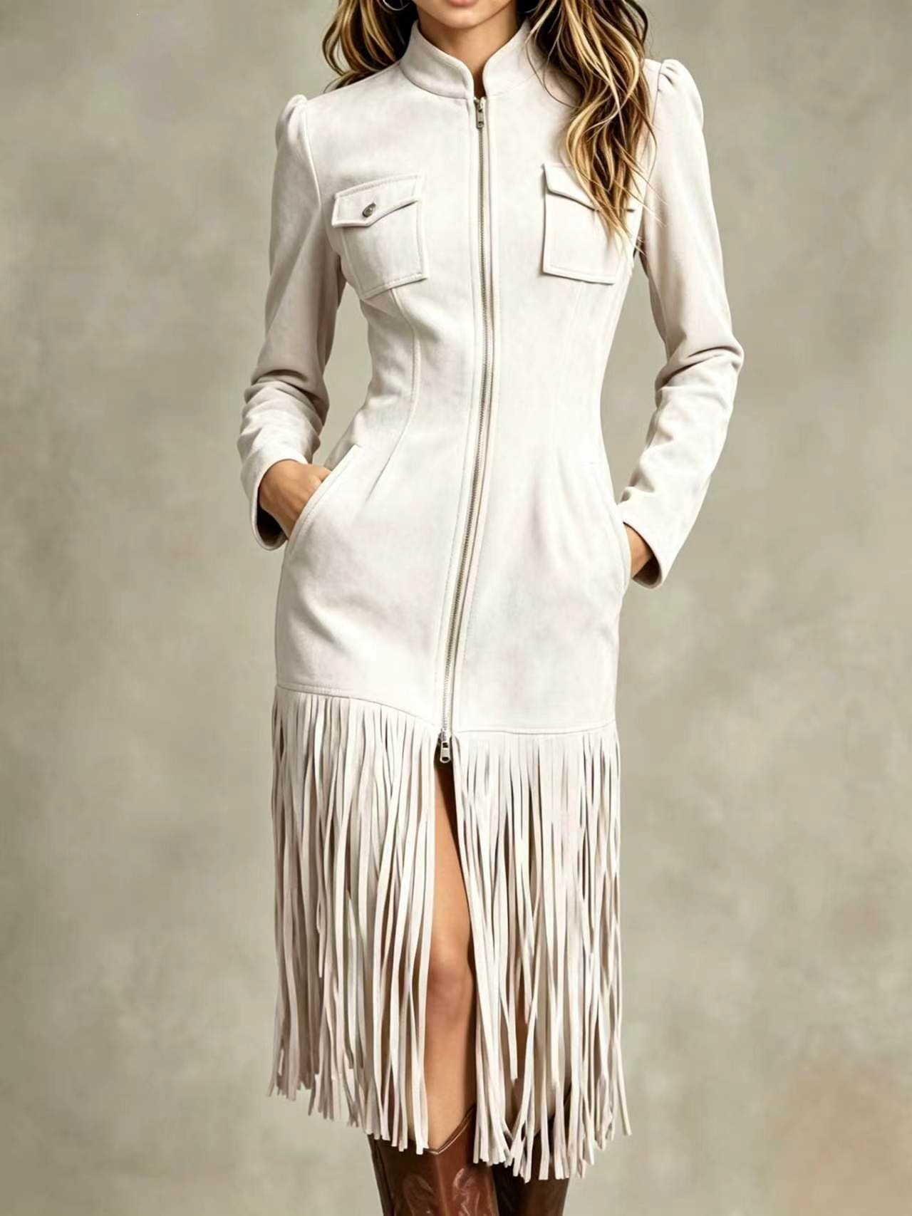 Retro Faux Suede Fringe Dress with Pockets and Zip Hem