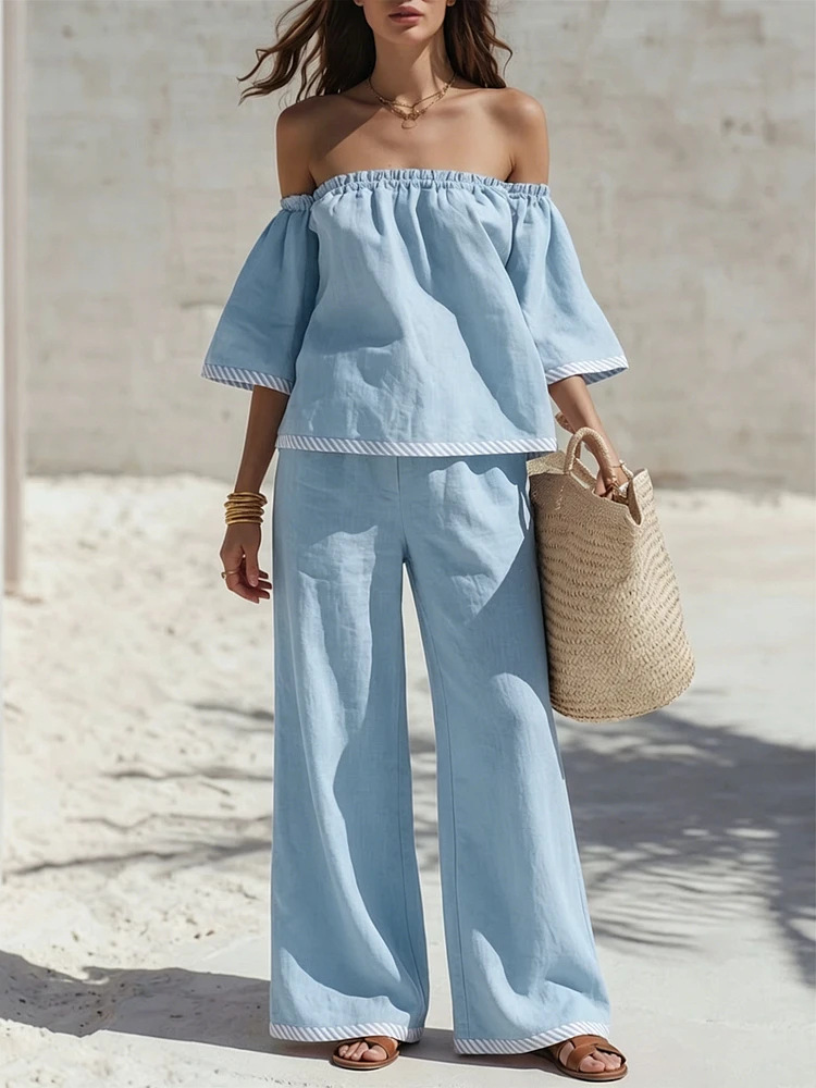 Off-Shoulder Top and Wide-Leg Pants Two-Piece Set