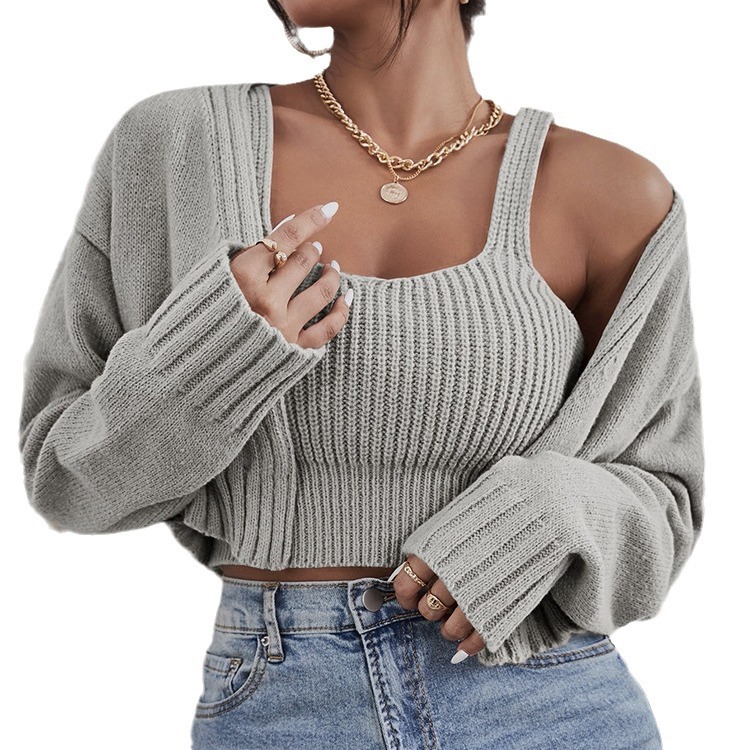 Cropped Acrylic Sweater Set with Cami and Cardigan