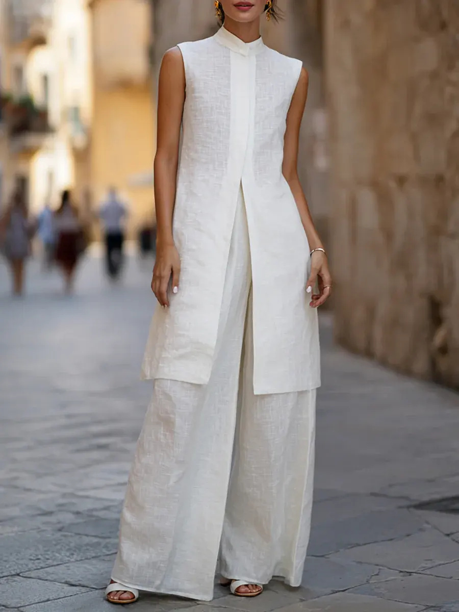 Women's Sleeveless Cotton-Blend Shirt and Wide-Leg Pants Set