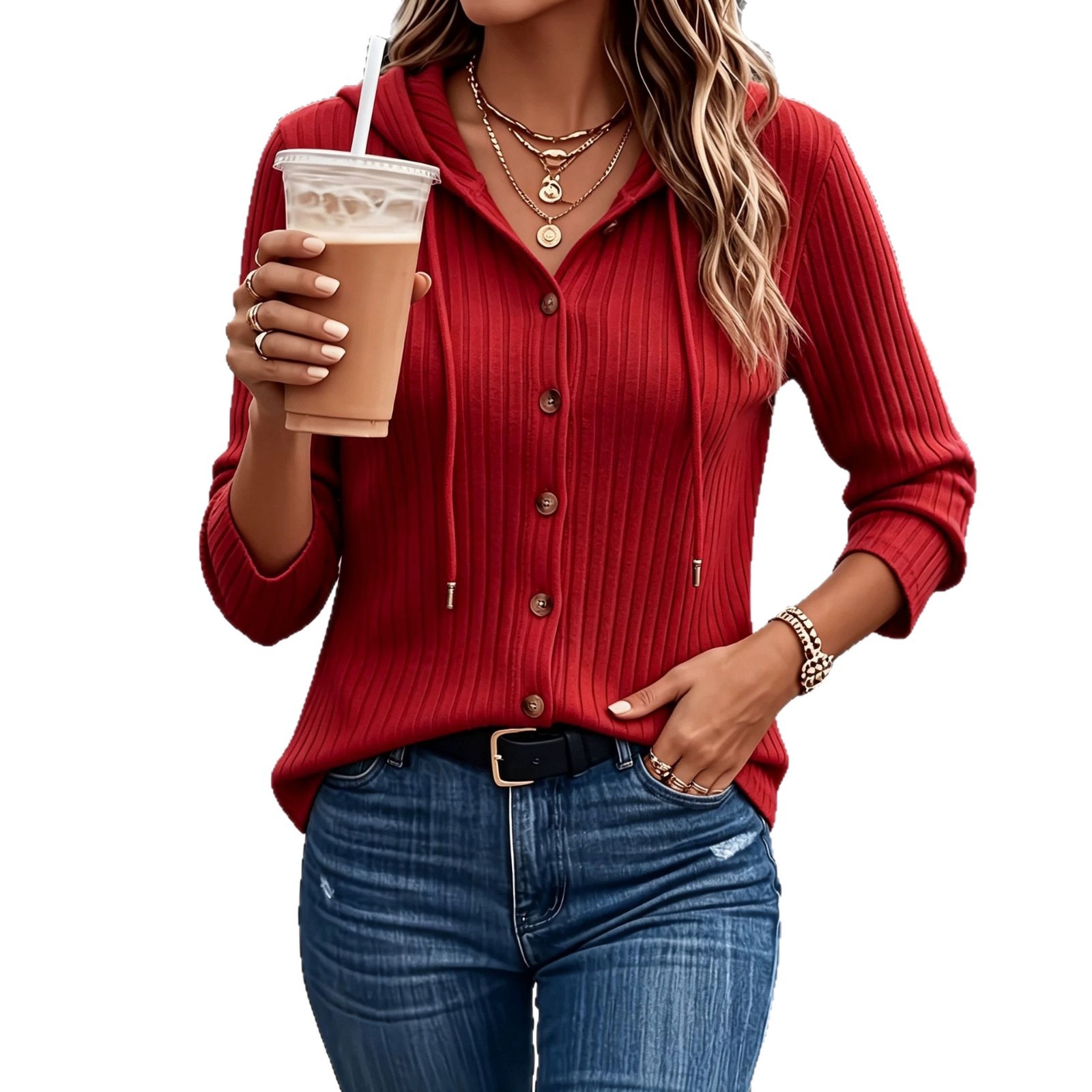 Women's Button-Up Hooded Knit Top Long Sleeve Solid Color