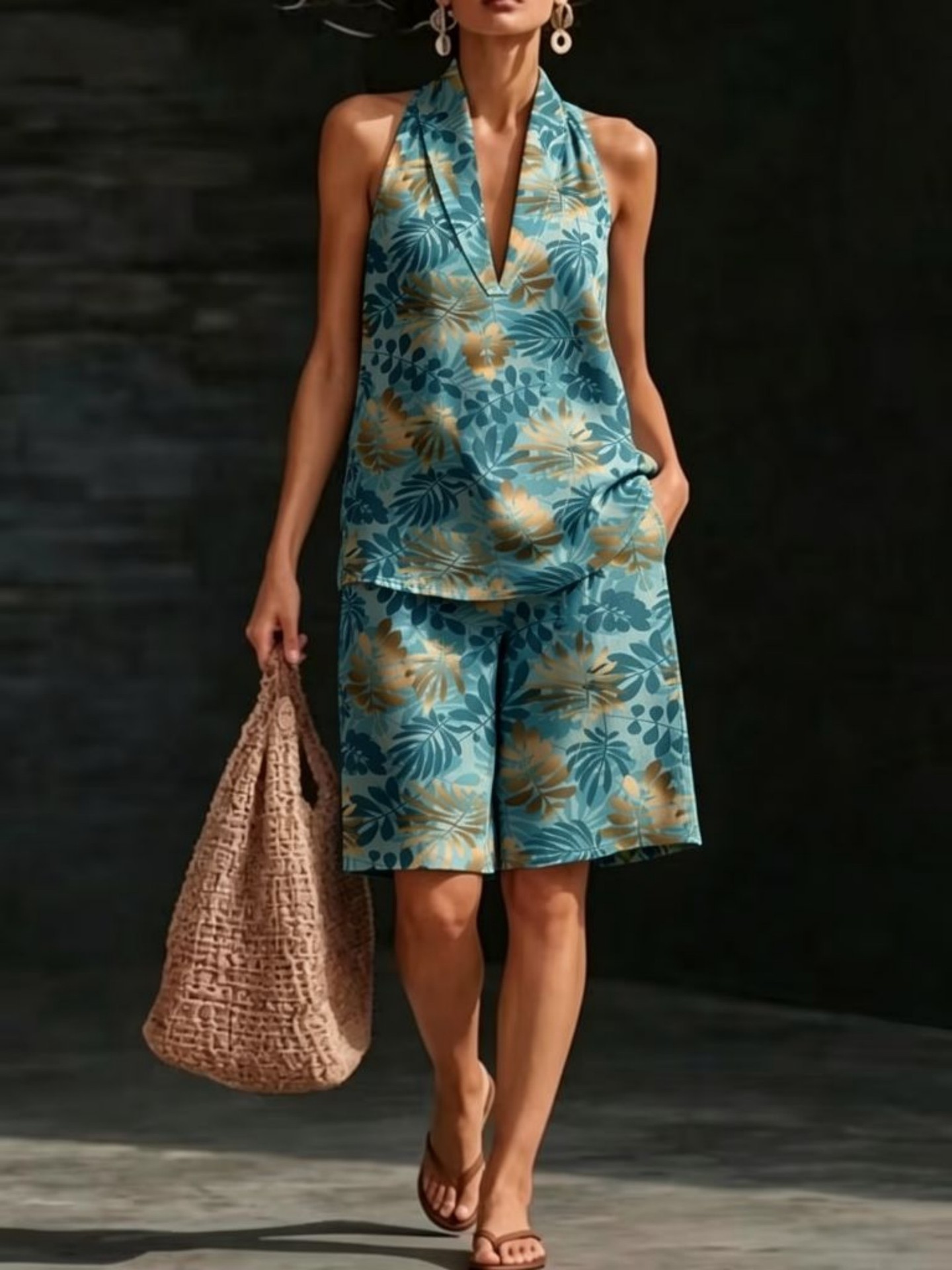 Retro Floral Print Sleeveless Halter Vest Set for Women