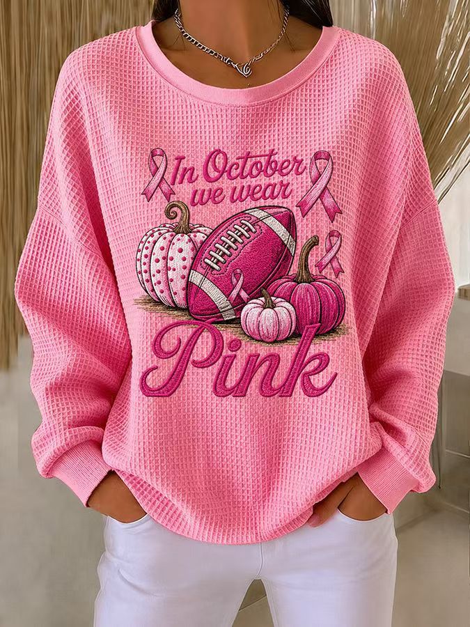 Ribbon Letter Print Crewneck Long Sleeve Waffle Sweatshirt for Women