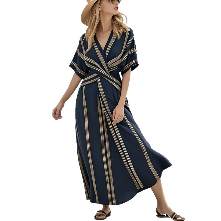 Women's V-Neck Short Sleeve Pleated Maxi Dress Summer Vacation