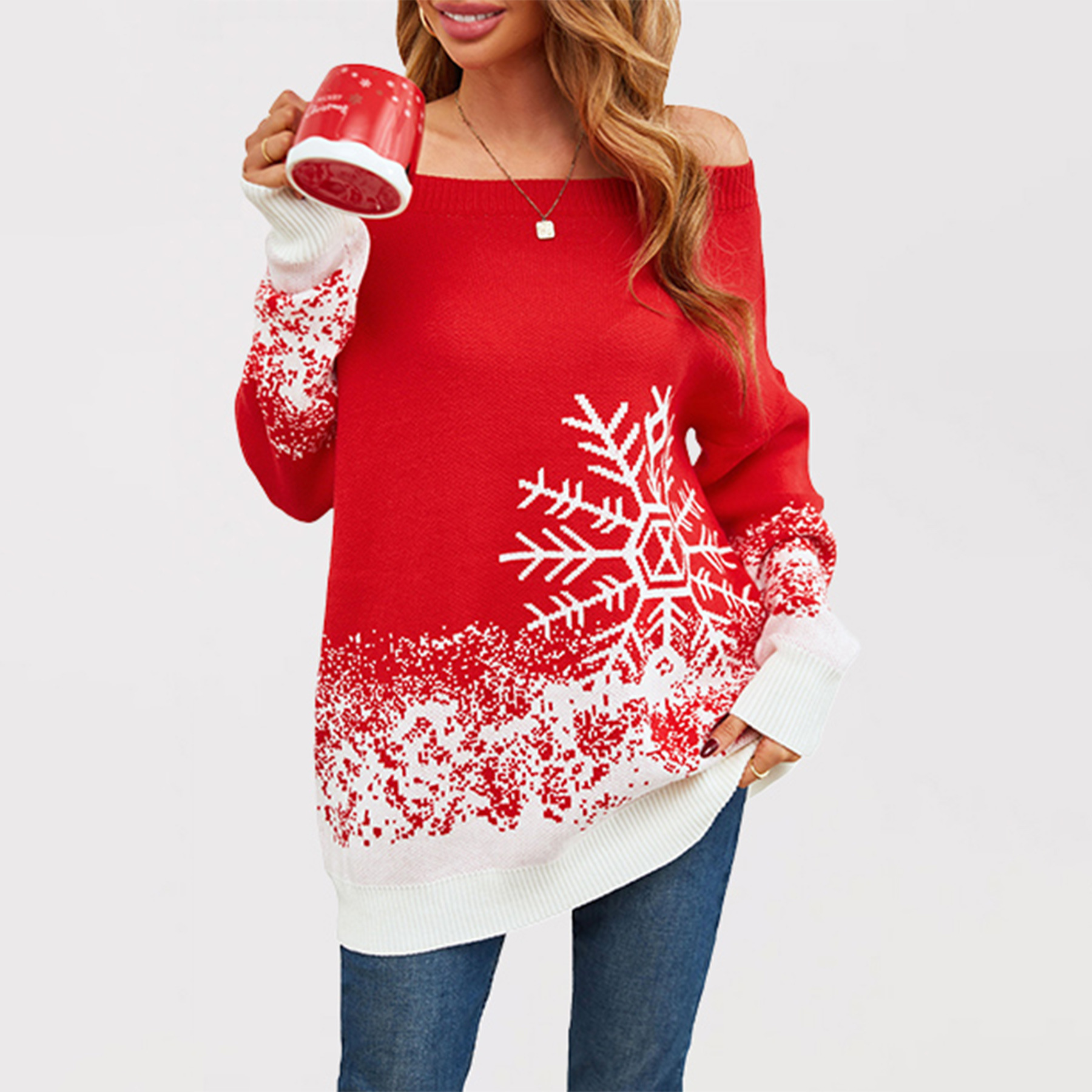 Snowflake Colorblock Off-Shoulder Christmas Sweater Plus Size