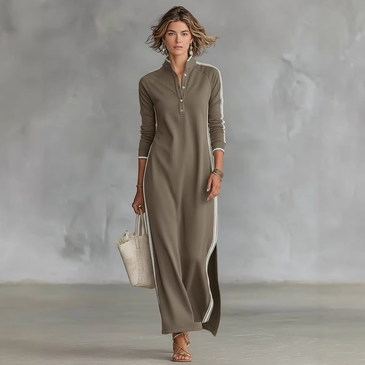 Women's Minimalist White Piped Button-Neck Sweatshirt Dress Long
