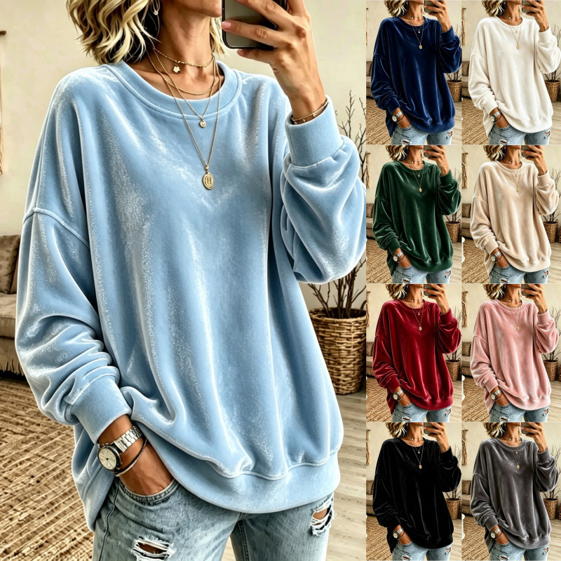 Women's Long Sleeve Gold Velvet Solid Color Crewneck Sweatshirt