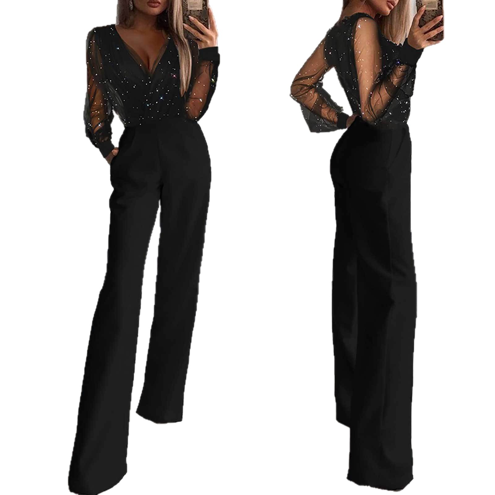 Elegant Sheer Mesh Splice High-Waist Jumpsuit