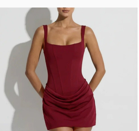 Square Neck Sleeveless High Waist Lace-Up Ruched Bodycon Mini Dress