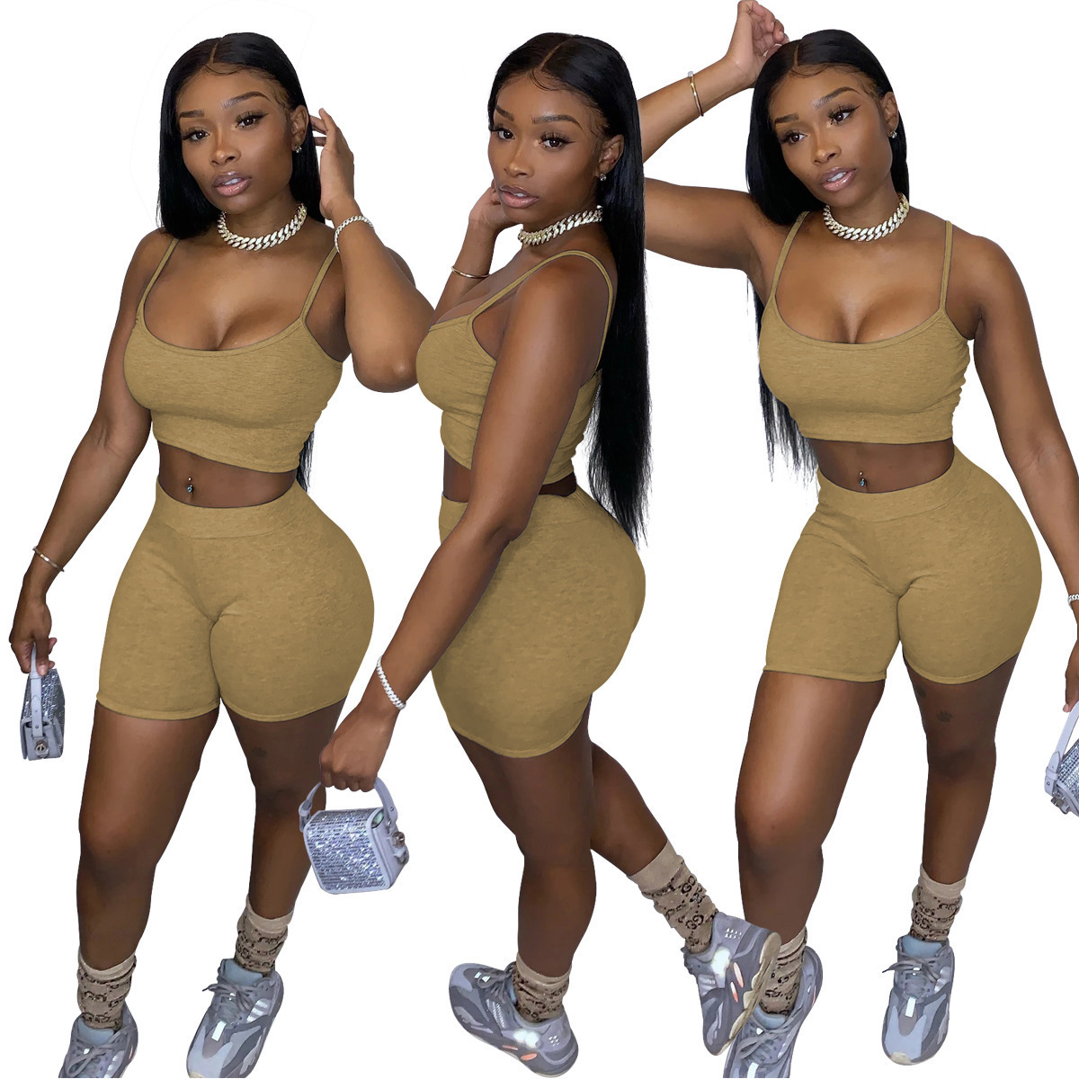 Women's Solid Color Crop Cami Top and Biker Shorts Set
