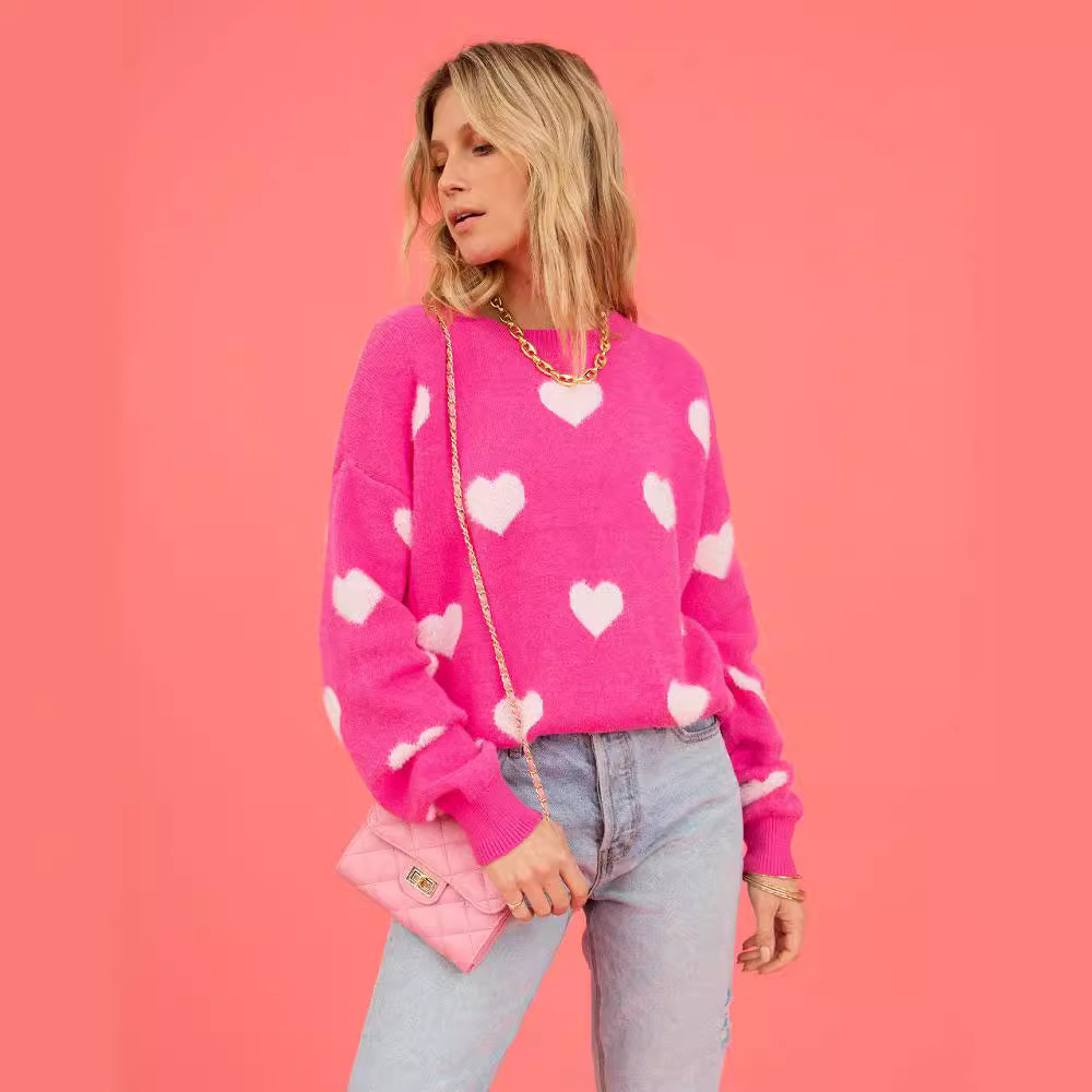 Heart Pattern Crewneck Pullover Sweater