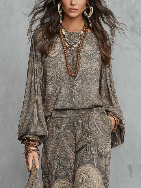 Paisley Print Two-Piece Set with Long Sleeve Top and High-Waist Long Skirt
