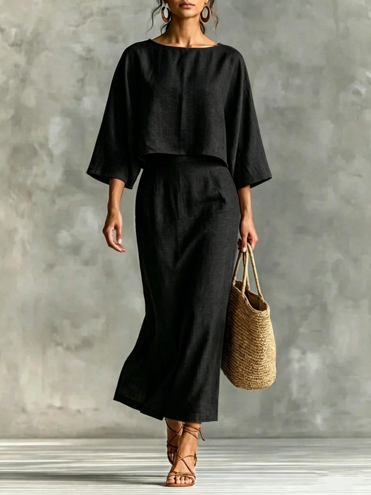Women's High-Waist Midi Skirt Set with Round-Neck Seven-Sleeve Top