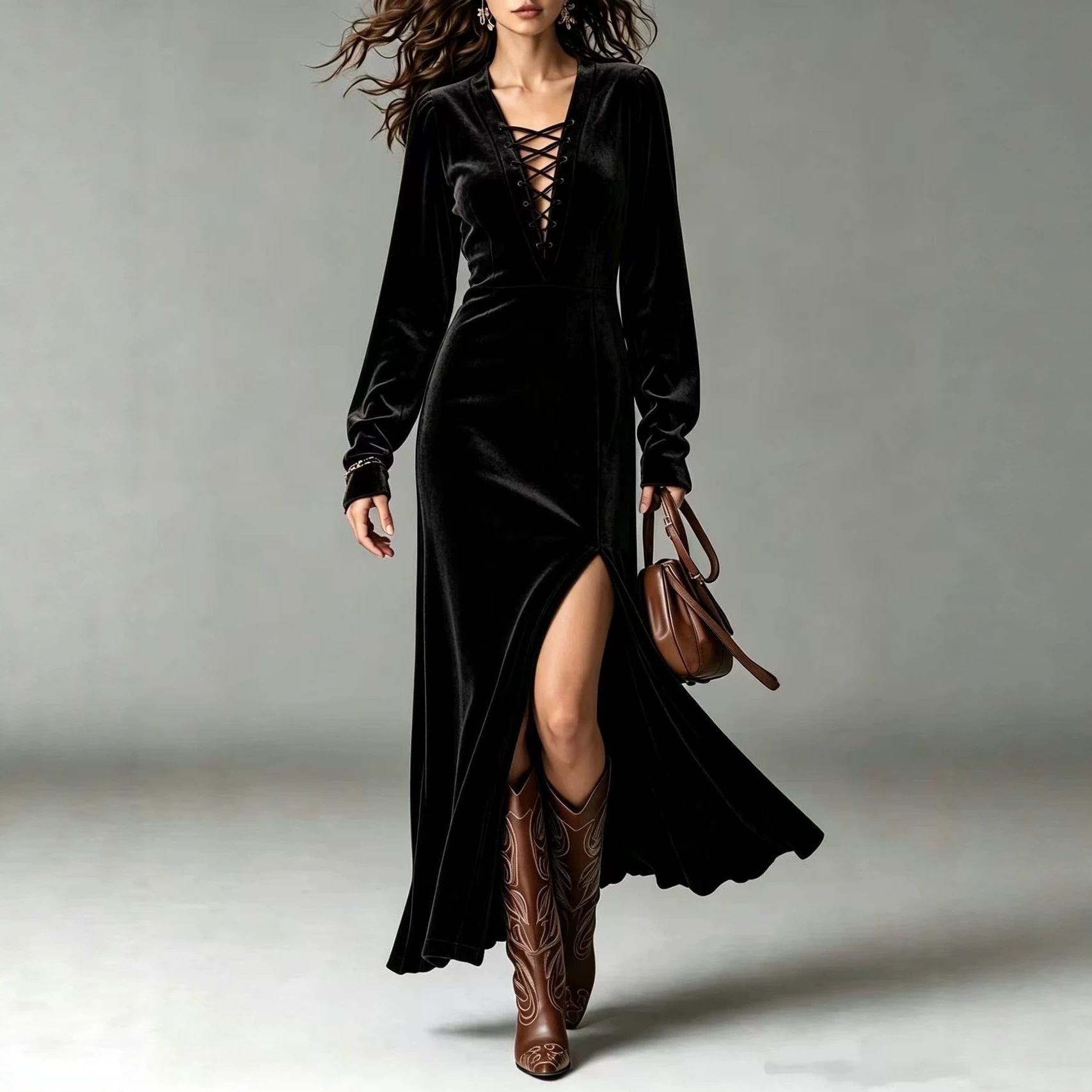Solid Velvet Cross-Front Long Sleeve A-Line Dress