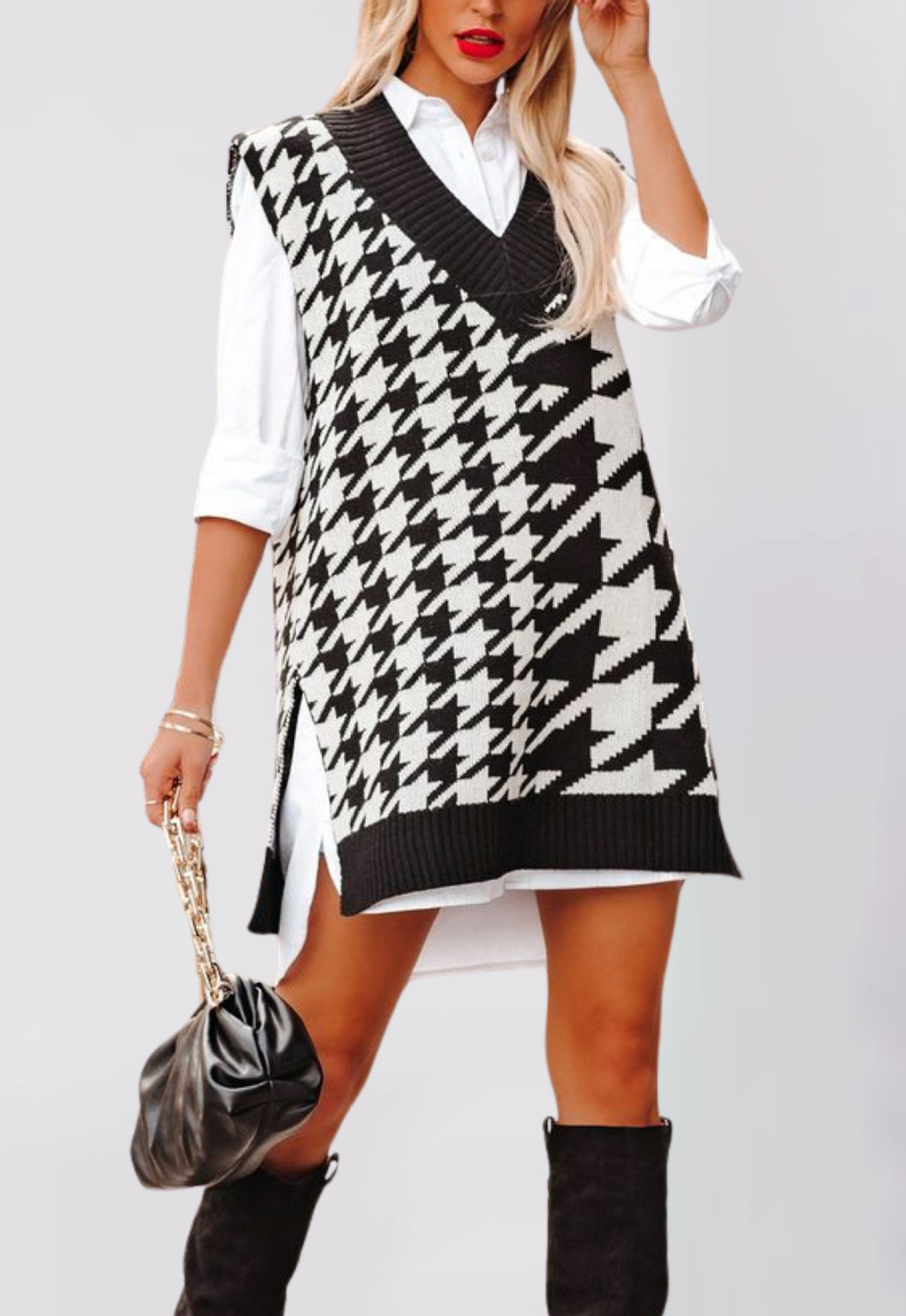 Women's Loose V-Neck Houndstooth Knit Sweater Vest Sleeveless