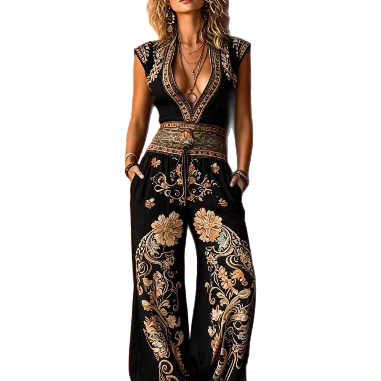 Women's Printed Sleeveless Shirt & Pants Set Casual Jumpsuit