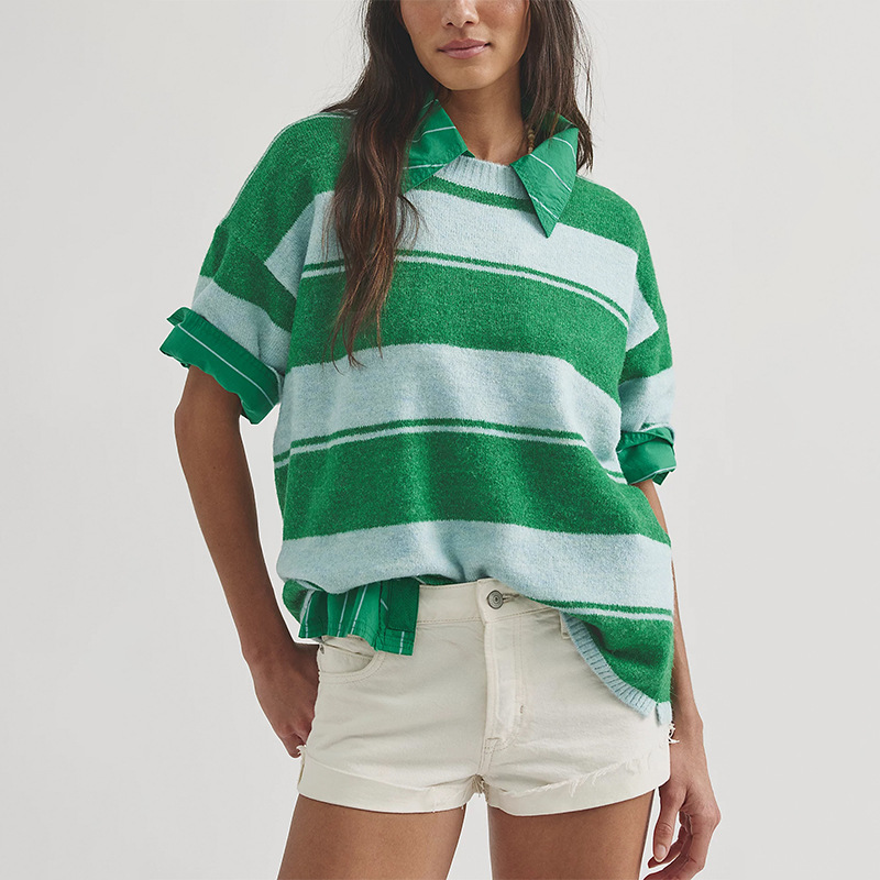 Women's Color-Block Knit Short-Sleeve Sweater Top