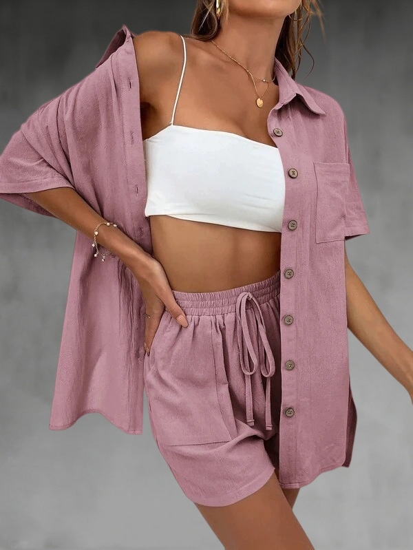 Solid Color Short Sleeve Cardigan Top and Shorts Two-Piece Set