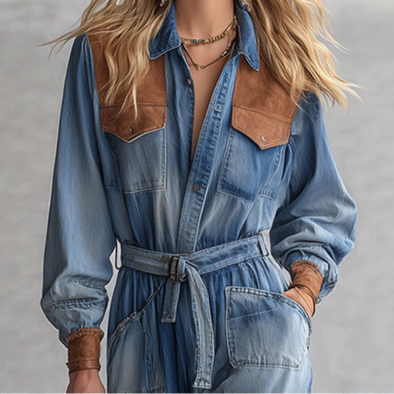 Retro Patchwork Blue Washed Denim Jumpsuit