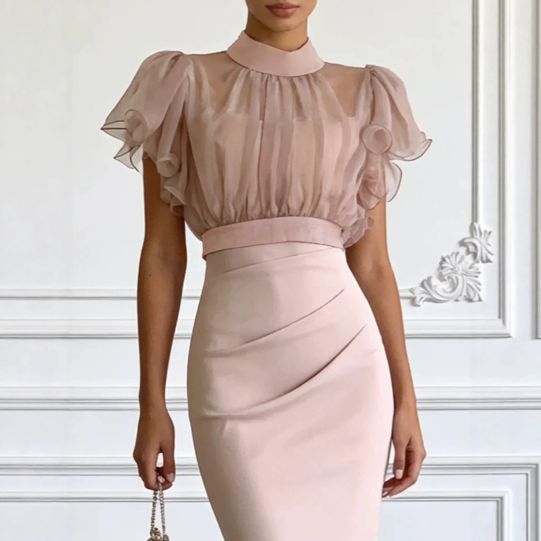 Sheer Mesh Lace-Up Waist Top with Cami Bodycon Dress Set
