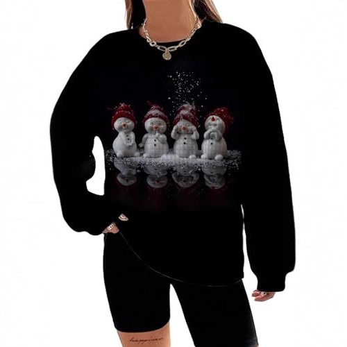 Women's Snowman Reindeer Heart Letter Print Crewneck Sweatshirt
