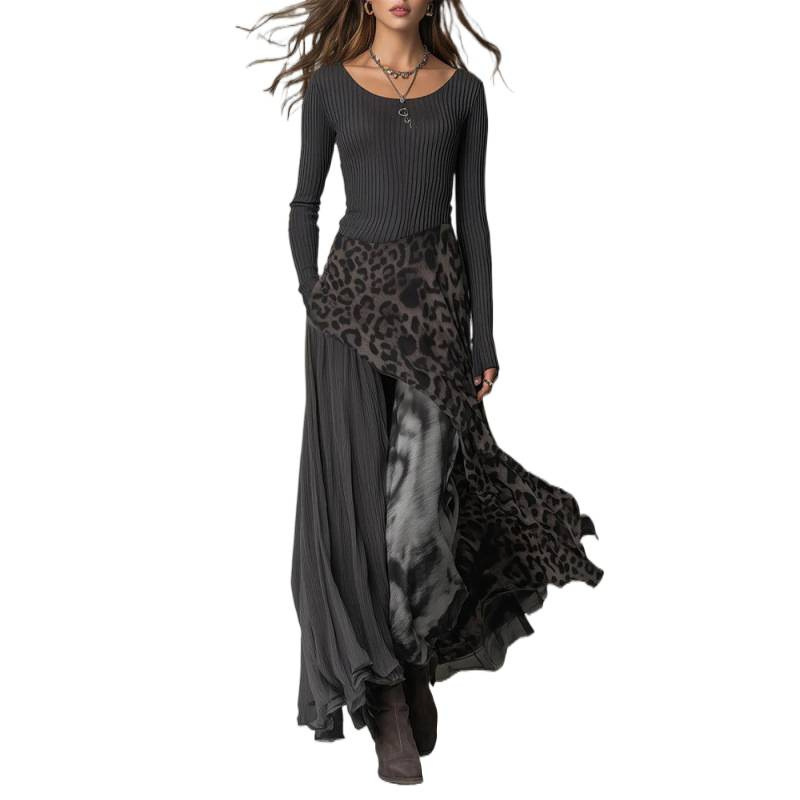 Leopard Print High Waist Long Sleeve Maxi Dress