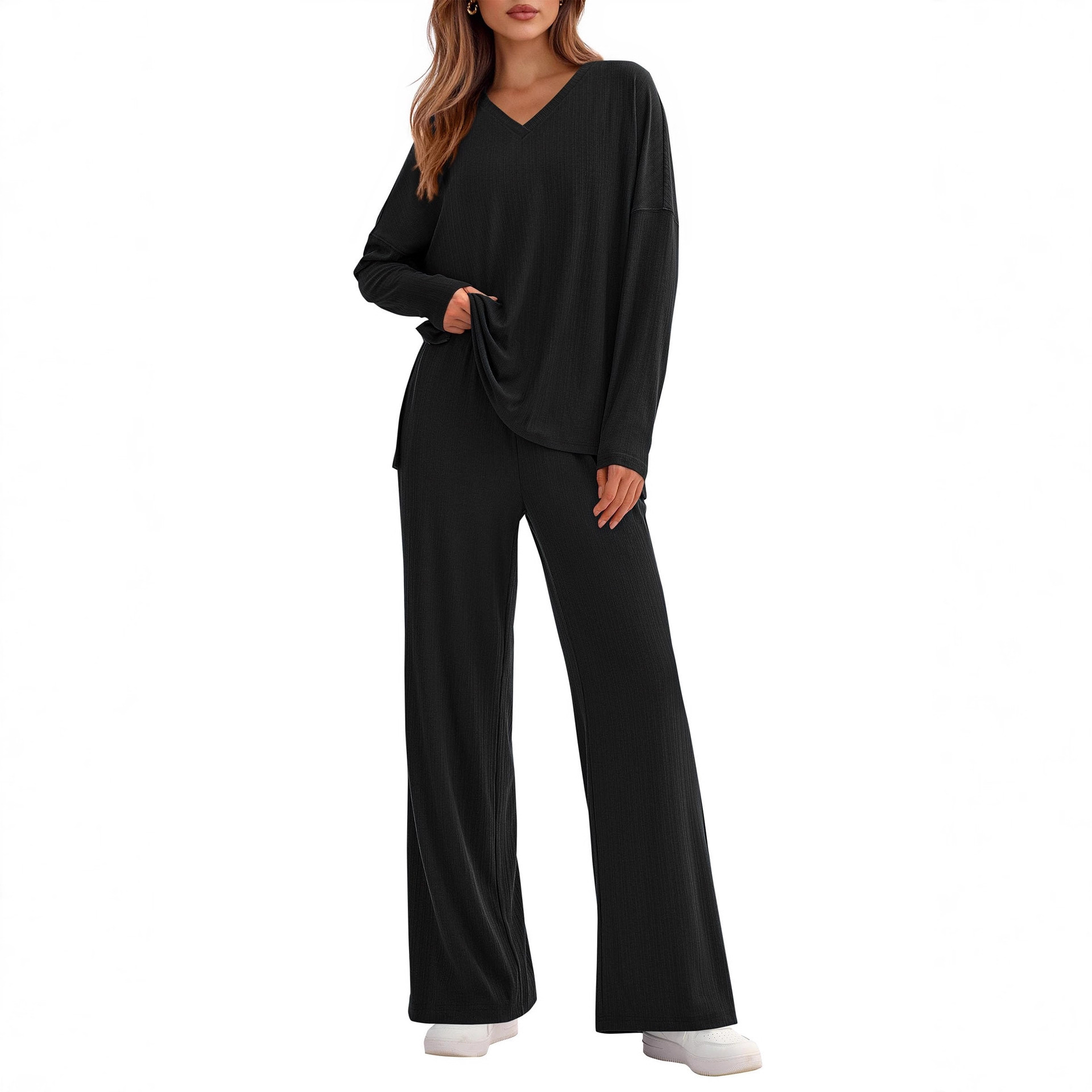 Women's Relaxed Long-Sleeve Top and Pants Two-Piece Set with Pockets