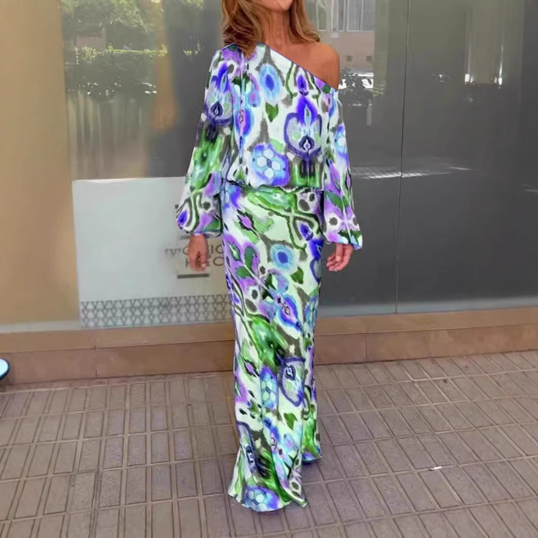 Women's Floral Print Long Sleeve Off-Shoulder Top and Mermaid Maxi Skirt Set
