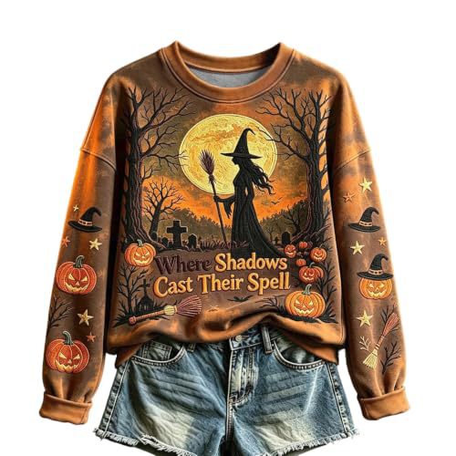Halloween Witch Castle Print Crewneck Long Sleeve Pullover Sweatshirt