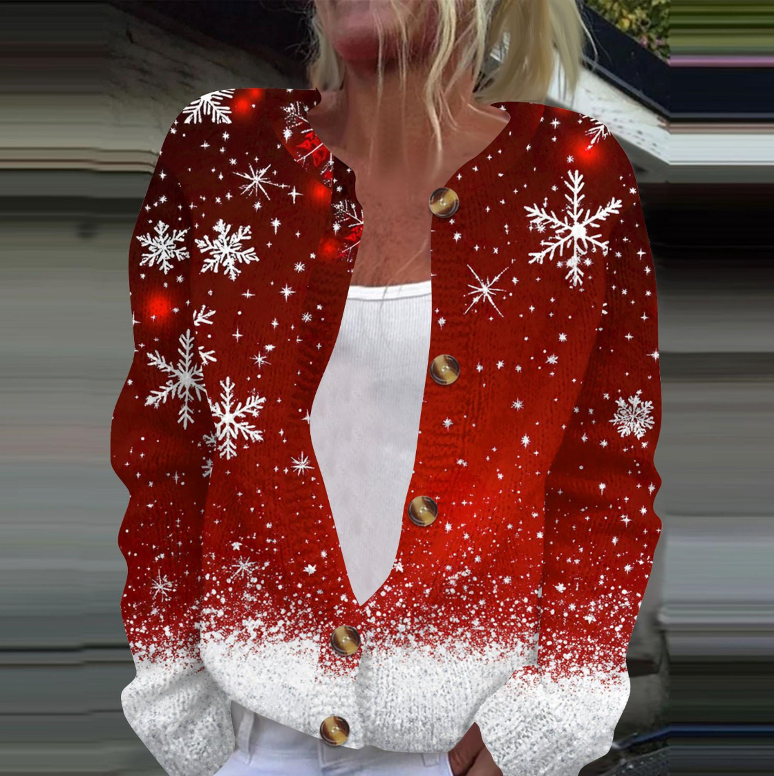 Women's Christmas Snowflake Reindeer Print Button Cardigan Sweater