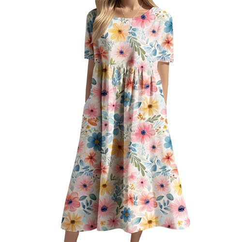 Women's Floral Print Casual A-Line Midi Dress with 3D Digital Print