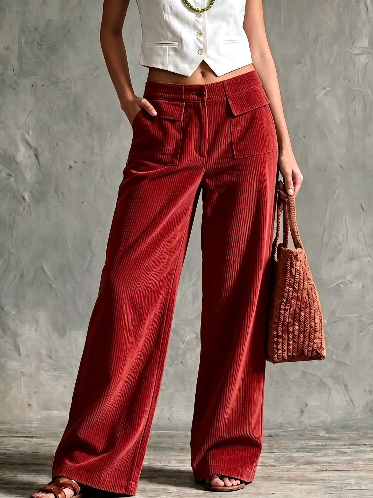 Women's High-Waist Corduroy Wide-Leg Pants Solid Color Casual