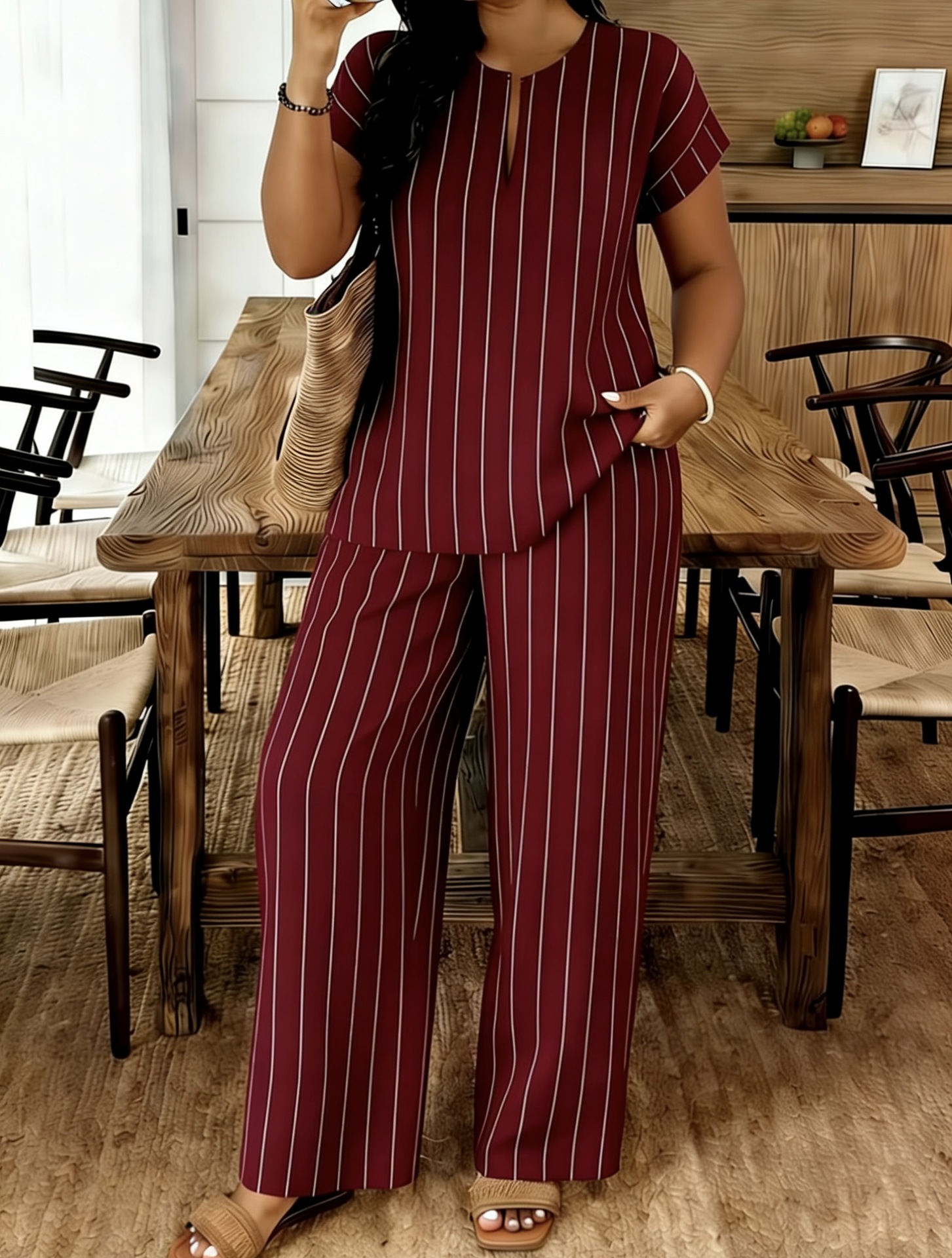 Women's V-Neck Top and Pants Set Casual Striped Two-Piece
