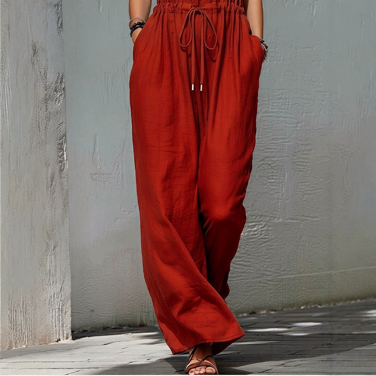 Women's Sleeveless Solid Color Long Wide-Leg Jumpsuit for Vacation