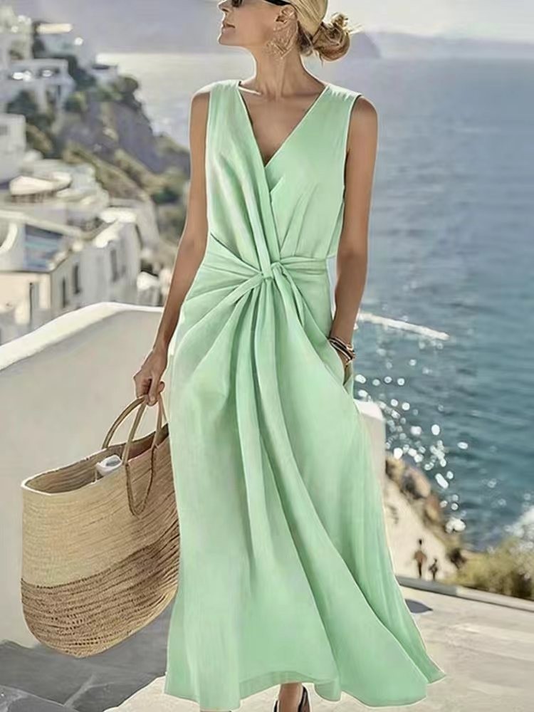 Women's Twist-Front V-Neck Sleeveless Cotton-Linen Dress with Pockets