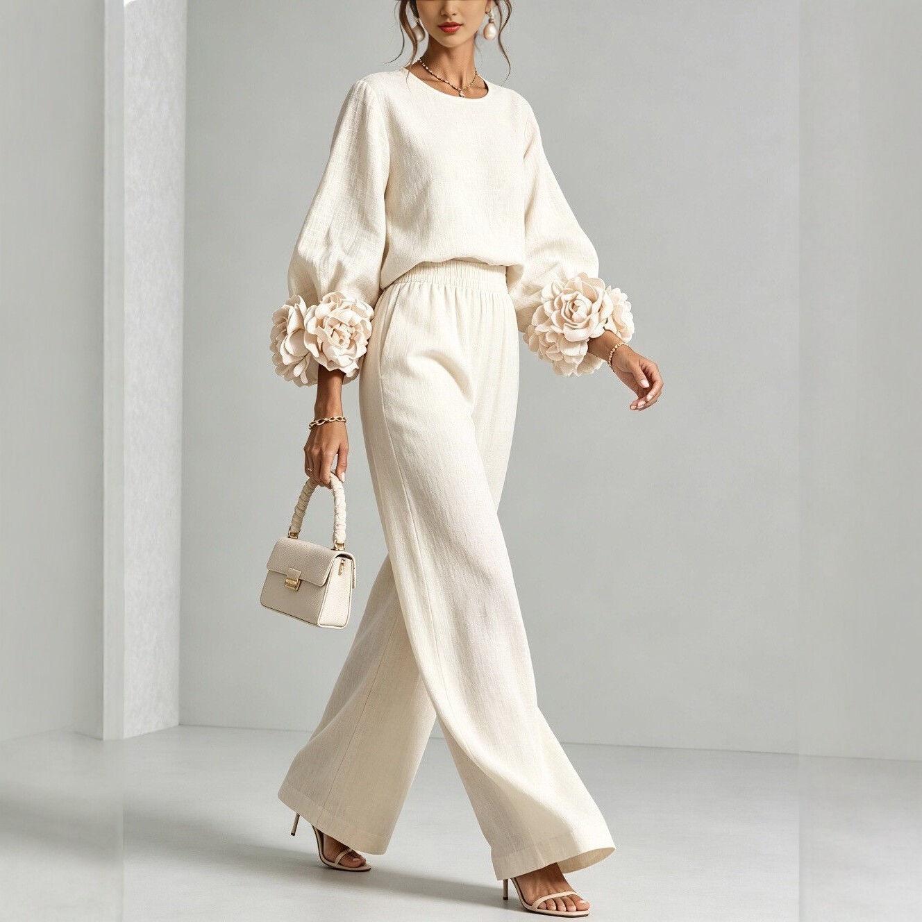 Floral Cuff Top and Wide-Leg Pants Set
