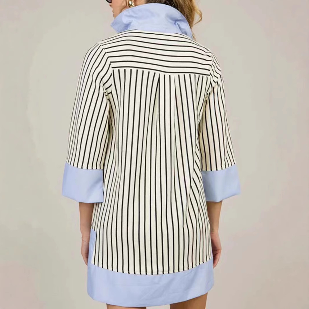 Women's Blue Striped Polo Neck A-Line Midi Dress Long Sleeve Colorblock