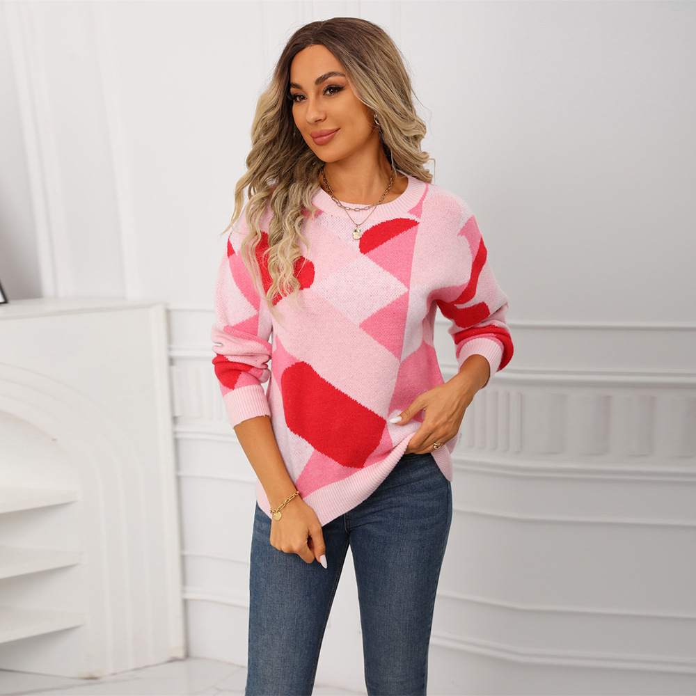 Women's Checkered Heart Crewneck Knit Sweater