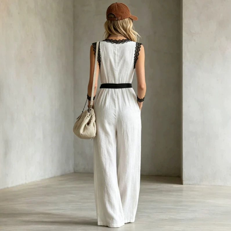 Colorblock Lace Trim V-Neck Tie-Waist Wide-Leg Jumpsuit