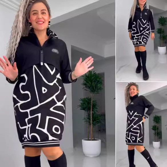 Women's Casual Faux Two-Piece Geometric Print Slim Midi Dress
