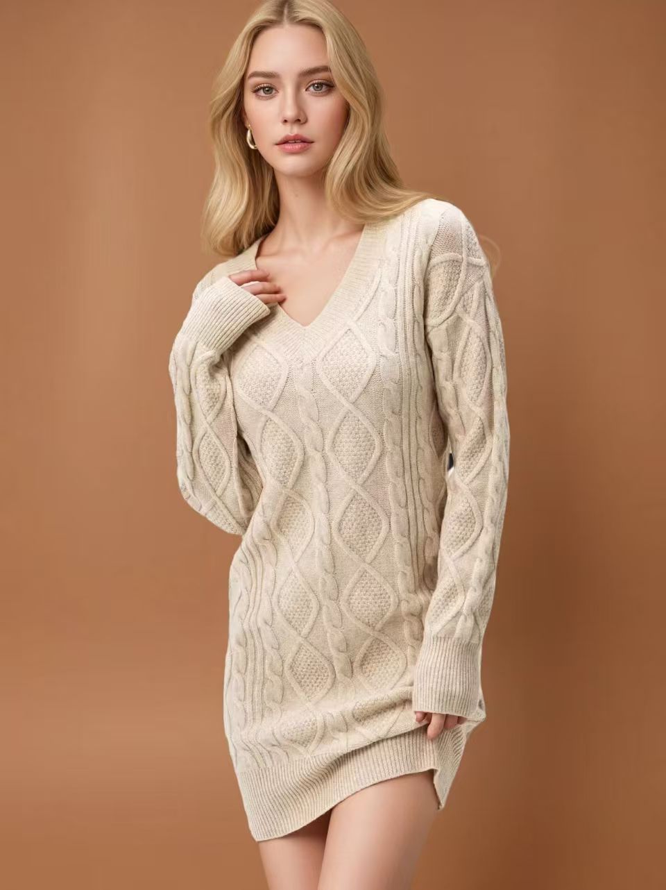 V-Neck Cable-Knit Midi Sweater Dress Solid Color