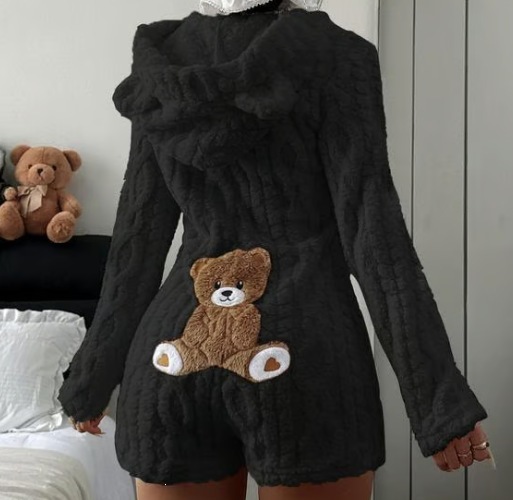 Women's Casual Solid Hooded Long Sleeve Fleece Jumpsuit