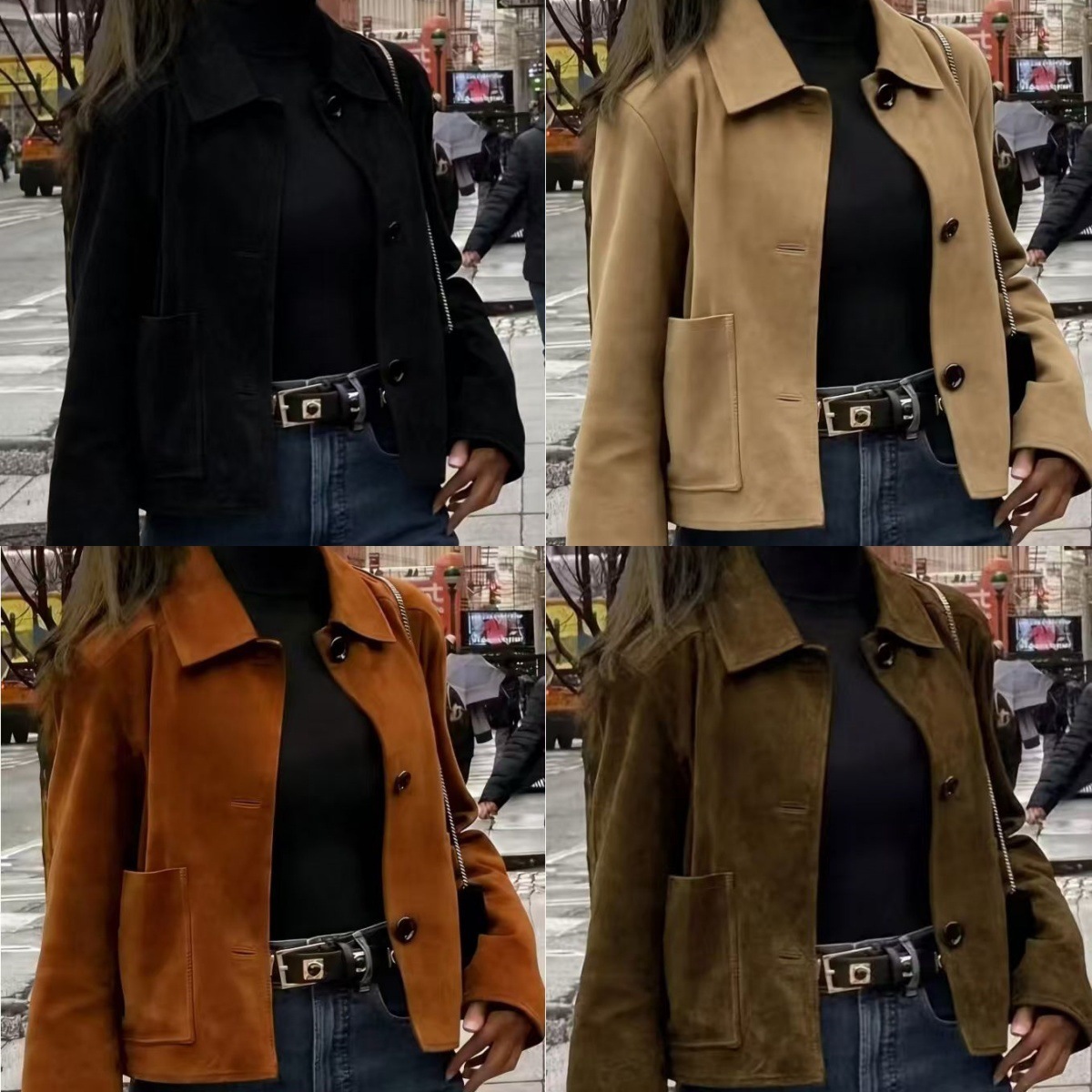 Suede Women's Slim Fit Single-Breasted Lapel Commuter Jacket