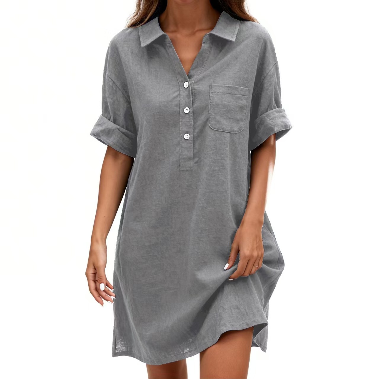 Women's Cotton Short Sleeve Midi Dress with Small Lapel Collar