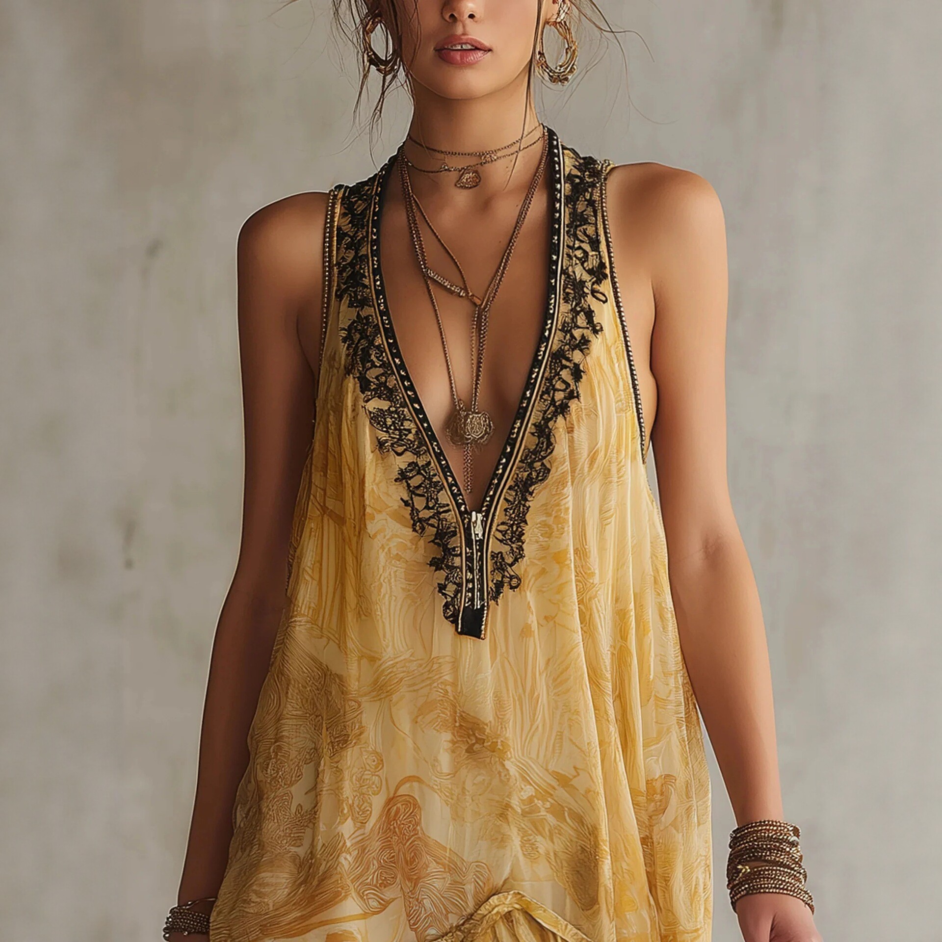 Yellow Floral Print V-Neck Lace Trim Cami Dress with Asymmetric Hem