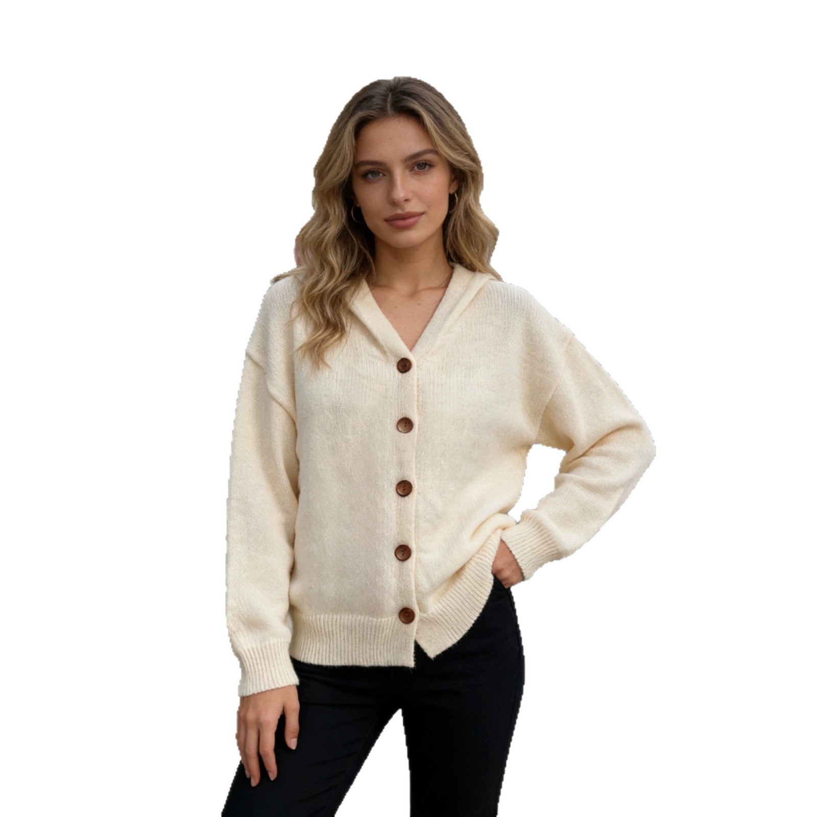 Button-Up Knit Hooded Cardigan Long Sleeve Solid Color Casual Women's Jacket