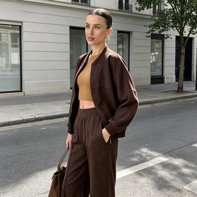 Women's Faux Suede Zip Cardigan & Elastic Waist Pants Set
